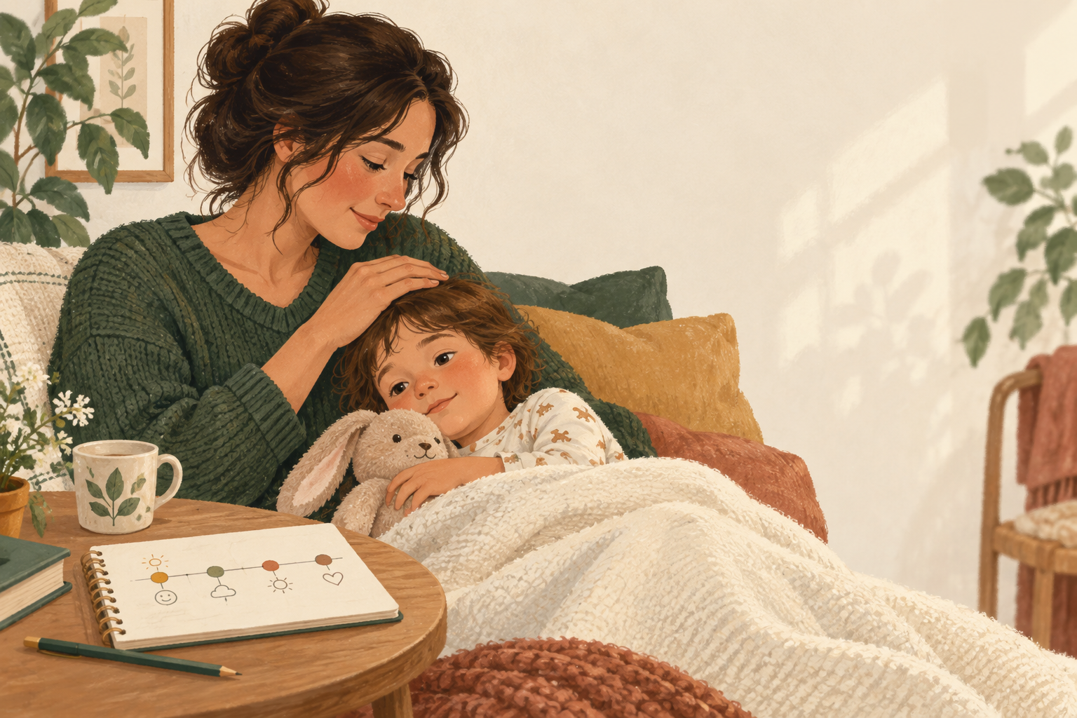 Ilustração de uma mãe junto de uma criança em descanso, com um caderno de observações.