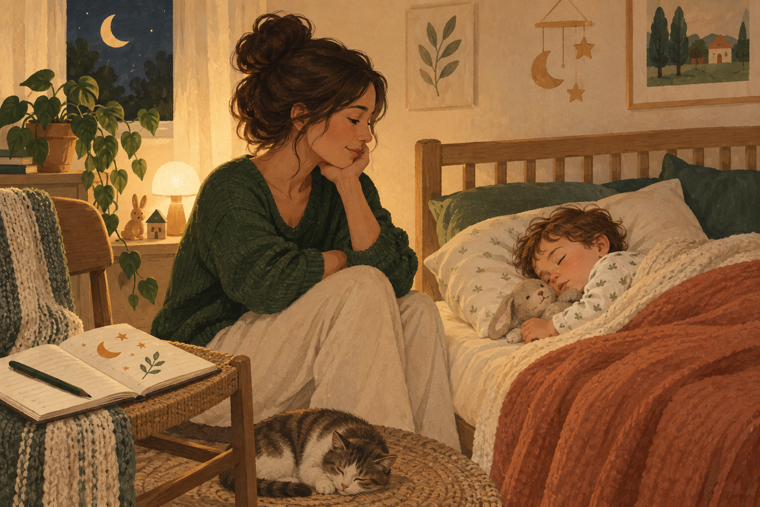 Ilustração de uma mãe junto de uma criança a dormir num quarto tranquilo.
